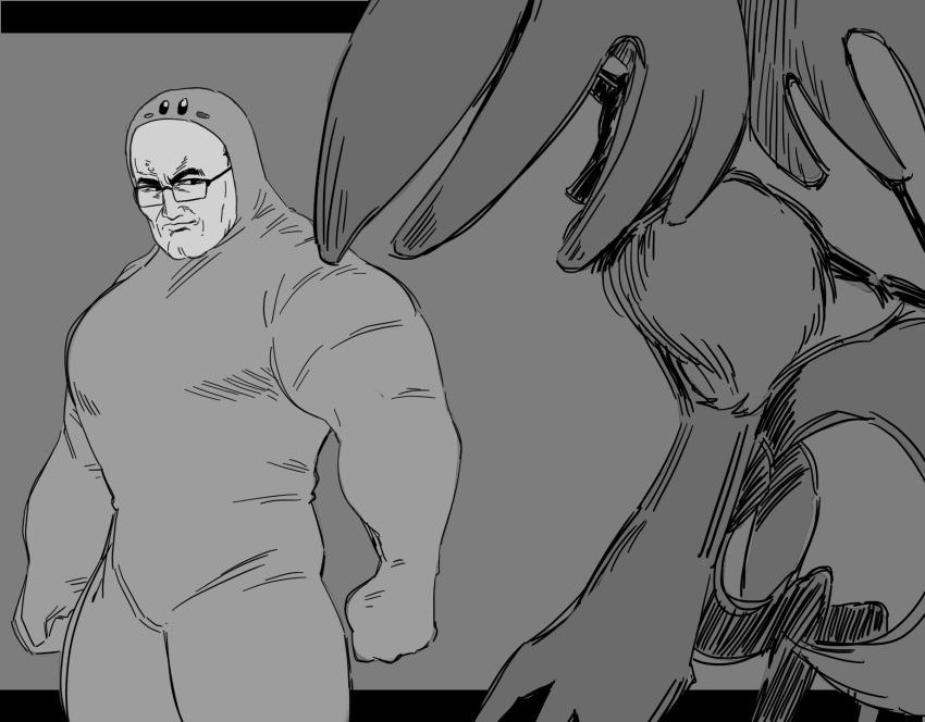 bamman fecto_elfilis glasses greyscale highres kirby kirby_(series) kirby_and_the_forgotten_land looking_at_another metal_gear_(series) metal_gear_rising:_revengeance monochrome mouthful_mode muscular muscular_male steven_armstrong