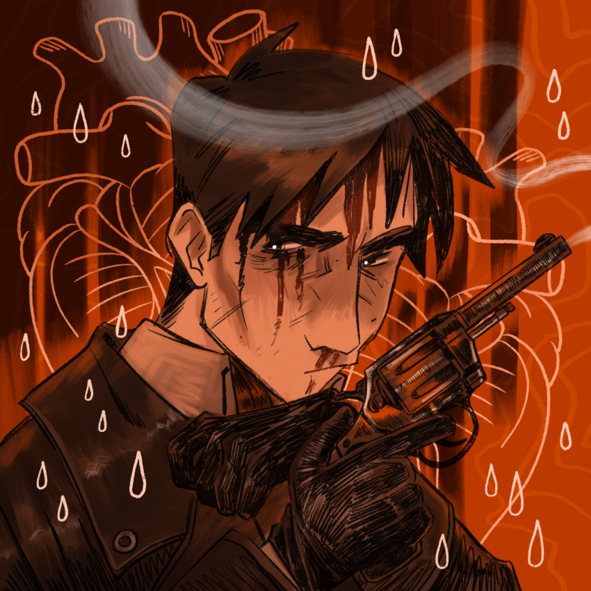 1man bachelor black_gloves black_hair blood blood_on_face daniil_dankovsky gun headshot heart injury leather leather_gloves leather_jacket magicky-hands pathologic pathologic_2 rain red_ascot red_background revolver smoke solo white_shirt