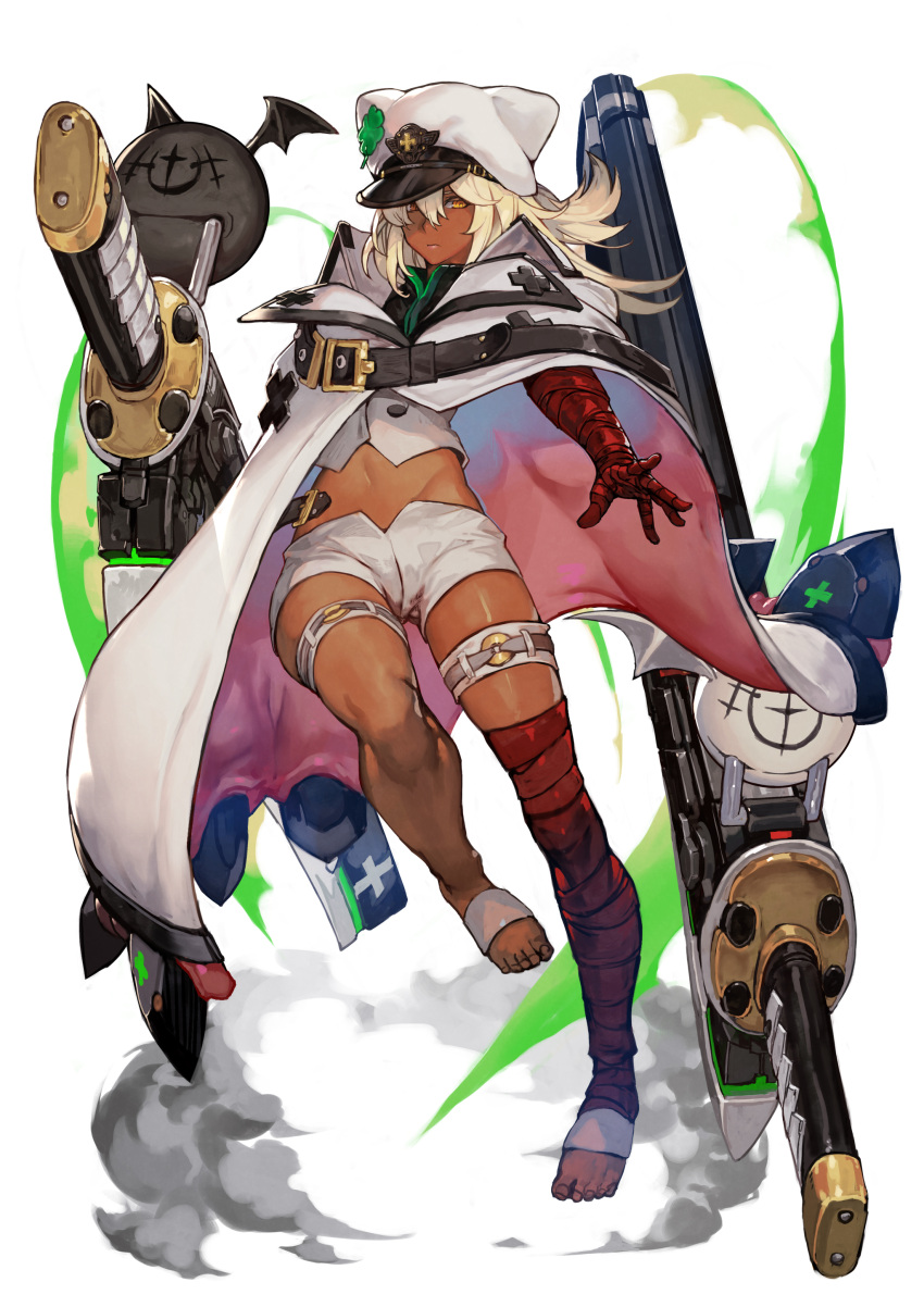 1girl absurdres animal_hat bandaged_arm bandaged_leg bandages barefoot blonde_hair cape cat_hat clover crop_top dark-skinned_female dark_skin dual_wielding expressionless floating floating_object floating_sword floating_weapon four-leaf_clover full_body guilty_gear guilty_gear_strive hankuri hat highres holding huge_weapon lucifero medium_hair navel orange_eyes peaked_cap ramlethal_valentine ringed_eyes short_shorts shorts solo sword toenails toes weapon white_cape white_headwear white_shorts