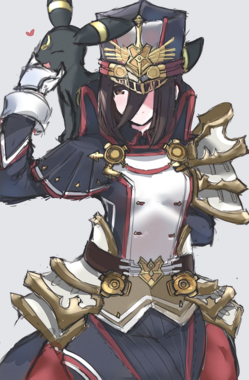 1girl absurdres armor black_hair brown_eyes crossover gloves hat heart highres juneplums morag_ladair_(xenoblade) pokemon shoulder_armor simple_background solo umbreon white_background white_gloves xenoblade_chronicles_(series) xenoblade_chronicles_2