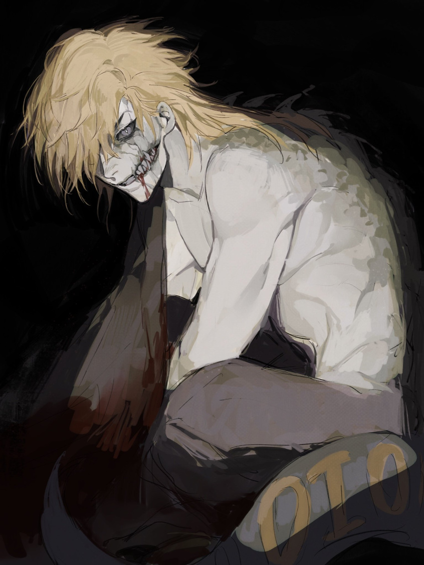 1boy blonde_hair blood blood_in_mouth cloak cracked_skin diego_brando dinosaur_tail glasgow_smile highres jojo_no_kimyou_na_bouken long_hair monster_boy puppetjackmj scales scary_monsters_(stand) sharp_teeth single_bare_shoulder solo steel_ball_run tail teeth topless_male