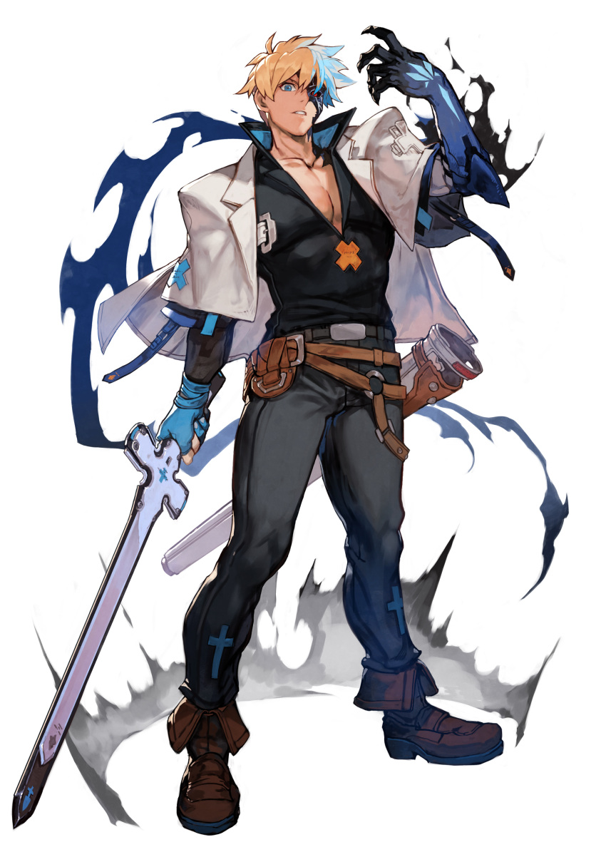 1boy absurdres ankle_boots belt black_pants black_sclera black_skin blonde_hair blue_eyes boots brown_footwear capelet colored_sclera colored_skin cross dragon_install guilty_gear guilty_gear_strive hankuri heterochromia highres holding holding_sword holding_weapon ky_kiske looking_at_viewer loose_belt male_focus multicolored_skin pants pectorals plunging_neckline popped_collar red_eyes scabbard sheath short_hair solo sword thunderseal two-tone_skin weapon white_capelet