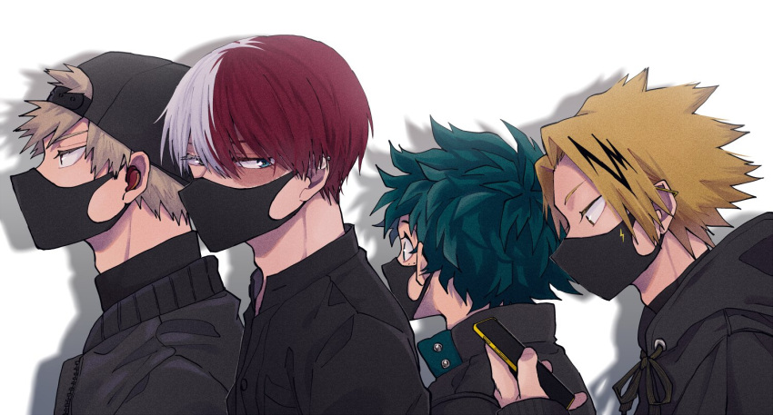 4boys backwards_hat bakugou_katsuki baseball_cap black_headwear black_jacket black_mask blonde_hair blue_eyes boku_no_hero_academia burn_scar cellphone drawstring freckles from_side green_hair hair_between_eyes hat holding holding_phone hood hood_down jacket kaminari_denki long_sleeves looking_at_another male_focus mask midoriya_izuku mouth_mask multicolored_hair multiple_boys phone redhead scar scar_on_face shadow short_hair smartphone spiky_hair split-color_hair todoroki_shouto two-tone_hair white_background white_hair yuzuka_(2ucchan_ahan)