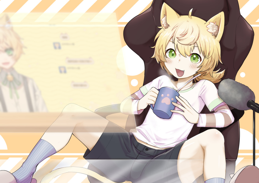 1boy :3 :d animal_ears black_shorts blonde_hair blush cat_boy cat_ears cat_tail chair commission cup fang green_eyes highres holding holding_cup indie_virtual_youtuber male_focus microphone nohtuy open_mouth shirt shorts sitting smile solo spread_legs tail virtual_youtuber yamada_kino