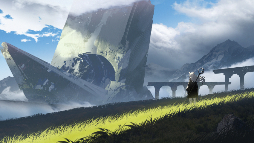 1girl absurdres animal_ears arch arknights black_coat clouds cloudy_sky coat commentary day facing_away floating_hair grass highres lappland_(arknights) long_hair majino_1141229491 meadow mountain rock scenery sky solo staff structure white_hair wide_shot wind wolf_ears