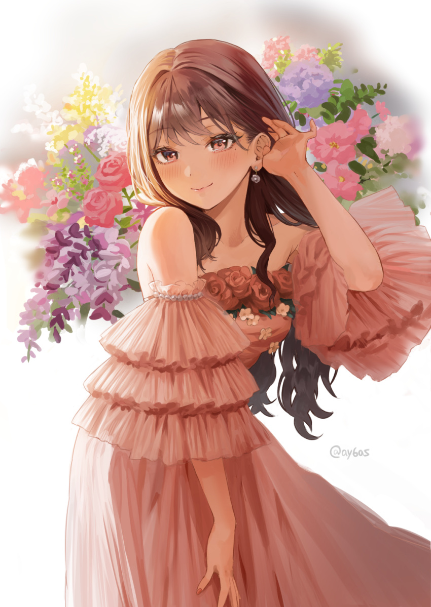 1girl adjusting_hair artist_name ay6as bangs blush breasts brown_eyes brown_hair collarbone commentary cowboy_shot dress dress_flower earrings eyebrows_visible_through_hair floral_background flower frilled_sleeves frills hair_over_breasts hair_over_shoulder hand_in_own_hair hand_on_own_thigh hand_up highres hydrangea jewelry lavender_(flower) long_dress long_hair looking_at_viewer medium_breasts original pink_dress rose smile solo strapless strapless_dress tulip
