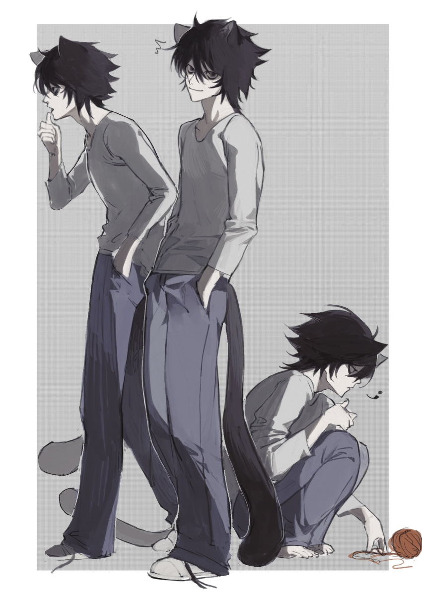 3boys animal_ears bags_under_eyes barefoot black_hair cat_ears cat_tail death_note full_body hand_on_own_chin hands_in_pockets highres kemonomimi_mode l_(death_note) male_focus multiple_boys puppetjackmj shoes smile sneakers squatting standing stroking_own_chin tail yarn
