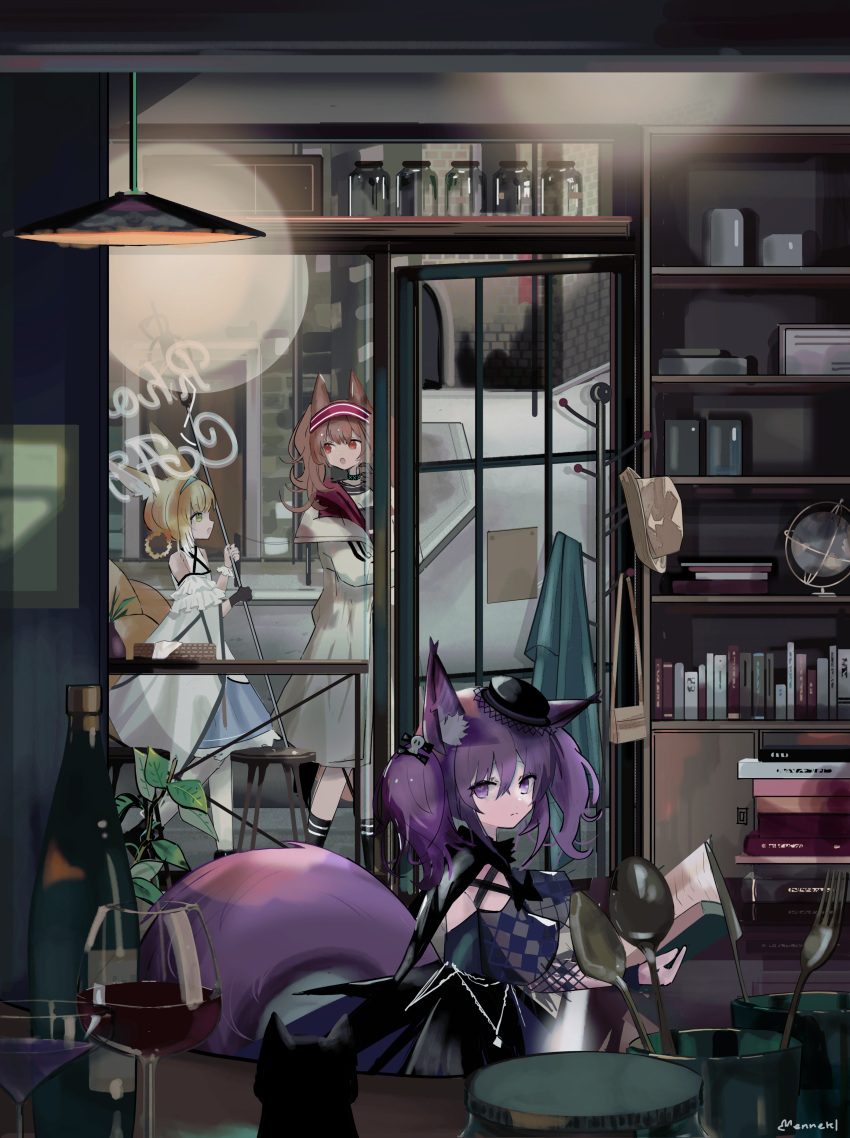 3girls absurdres angelina_(arknights) animal_ear_fluff animal_ears arknights artist_name bag black_cat black_dress black_footwear black_gloves black_headwear black_legwear blonde_hair blue_hairband book book_stack bottle brown_eyes brown_hair cafe cat ceiling_light christine_(arknights) closed_mouth clothes_rack coat commentary cup detached_sleeves dress drinking_glass enne_kl fork fox_ears fox_tail glass_door globe gloves gothic green_eyes hair_between_eyes hair_ornament hair_rings hairband handbag hat highres holding holding_book holding_staff infection_monitor_(arknights) jar knife light_frown looking_at_animal looking_at_another multiple_girls open_book open_mouth plant potted_plant puffy_short_sleeves puffy_sleeves purple_hair red_hairband road shamare_(arknights) shamare_(echo_of_the_horrorlair)_(arknights) shelf shoes short_hair short_sleeves sidewalk single_glove skull_hair_ornament socks spoon staff stool street suzuran_(arknights) table tail twintails violet_eyes white_coat white_dress wide_sleeves window wine_bottle wine_glass wrist_cuffs
