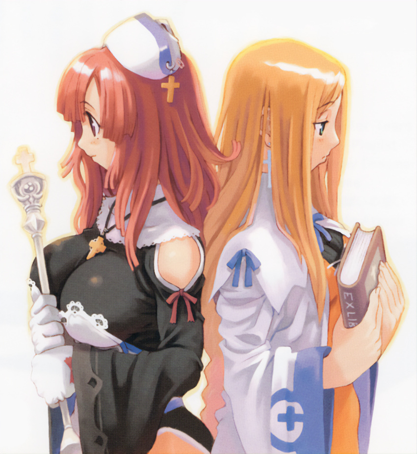 2girls alouette_(la_pucelle) back-to-back bangs blonde_hair blue_eyes book breasts clothing_cutout cross cross_earrings cross_necklace earrings expressionless eyebrows_visible_through_hair gloves hat holding holding_book holding_scepter jewelry la_pucelle large_breasts long_hair long_sleeves multiple_girls necklace non-web_source official_art pink_hair prier profile red_eyes ryoji_(nomura_ryouji) scan scepter shoulder_cutout simple_background very_long_hair white_background white_gloves