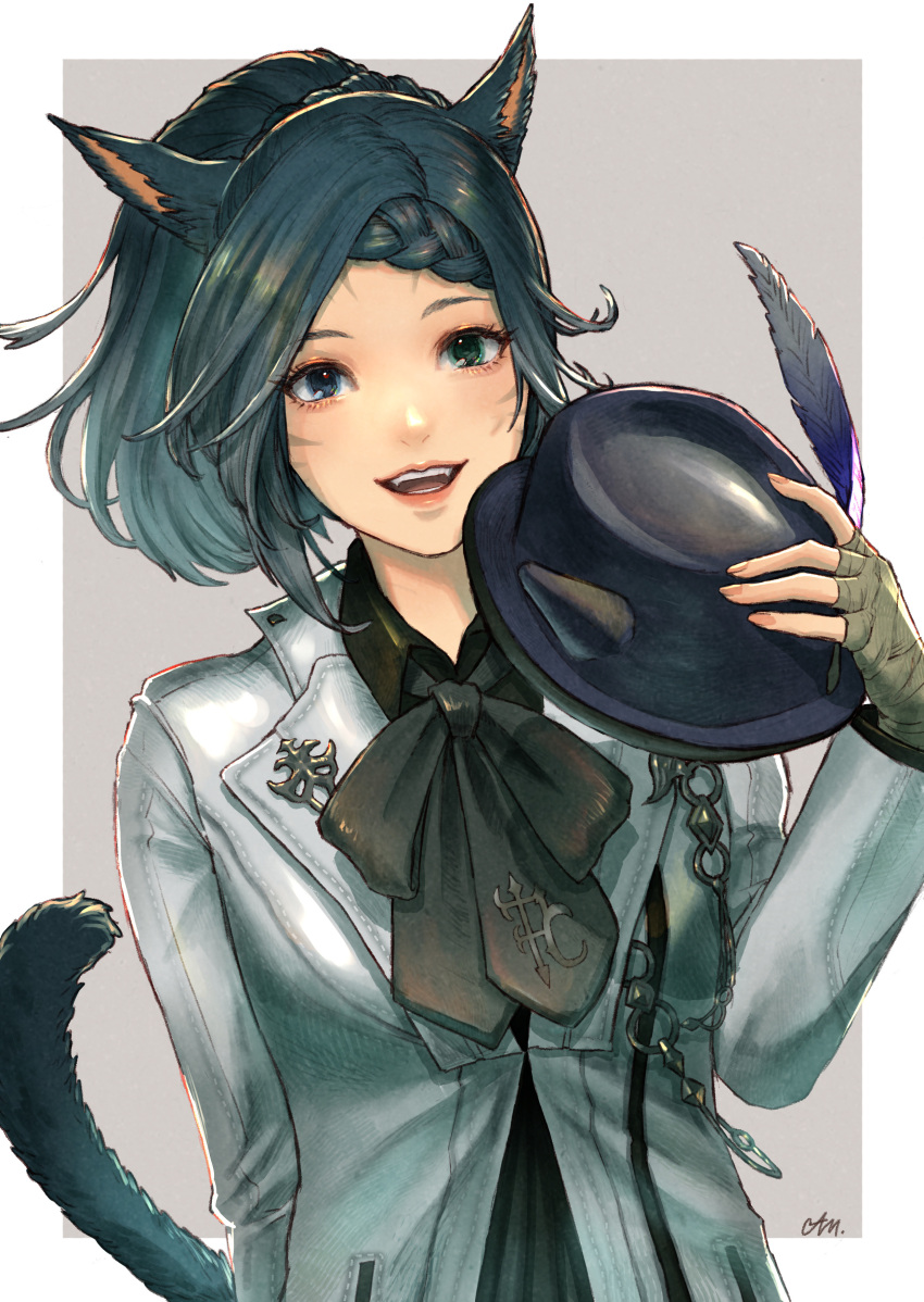 1girl absurdres animal_ears avatar_(ff14) black_shirt blue_hair braid cam_(cammero95713700) cat_ears cat_tail facial_mark final_fantasy final_fantasy_xiv fingerless_gloves gloves hat hat_removed headwear_removed heterochromia highres jacket looking_at_viewer miqo'te open_mouth shirt short_ponytail solo tail two-tone_background whisker_markings