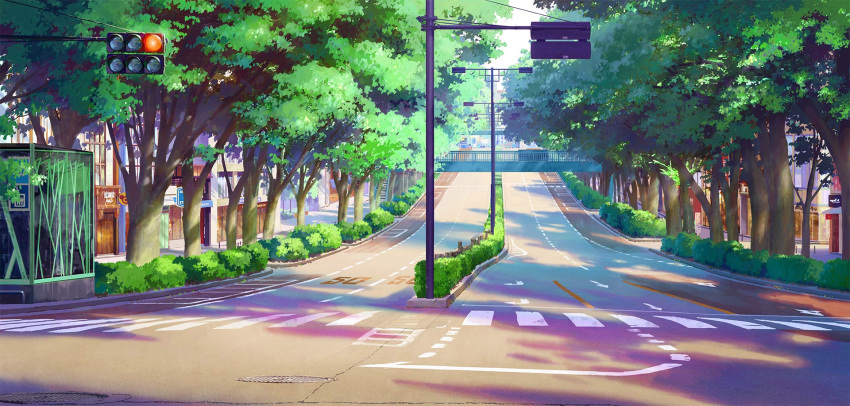 bush city cityscape crosswalk highres lamppost love_live! love_live!_superstar!! manhole_cover no_humans official_art real_world_location road scenery sidewalk storefront tagme tokyo_(city) traffic_light tree