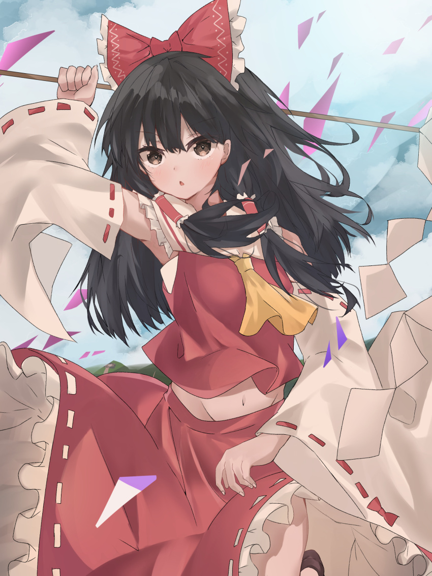 1girl :o absurdres ascot bare_shoulders black_hair bow breasts brown_eyes brown_footwear collared_vest detached_sleeves frilled_bow frilled_hair_tubes frilled_skirt frills gohei hair_bow hair_tubes hakurei_reimu highres holding kuronekoya long_hair long_sleeves midriff navel nontraditional_miko open_mouth red_bow red_skirt red_vest ribbon-trimmed_sleeves ribbon_trim skirt small_breasts solo touhou vest white_sleeves wide_sleeves yellow_ascot