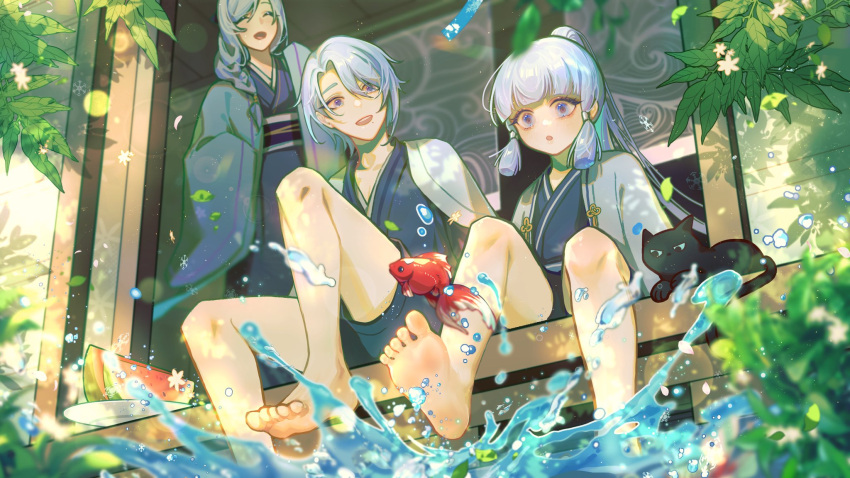 1boy 2girls :o bangs barefoot black_cat blaze_knight blue_eyes blue_hair blunt_bangs blush cat closed_eyes commentary fish genshin_impact goldfish highres japanese_clothes kamisato_ayaka kamisato_ayato kamisato_kayo laughing light_blue_hair long_sleeves looking_at_another mole mole_under_eye mole_under_mouth mother_and_daughter mother_and_son multiple_girls obi open_mouth ponytail sash sitting water wide_sleeves younger