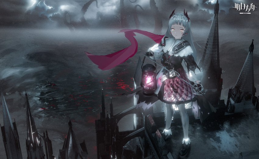 1girl :| absurdres arknights bangs belt black_footwear black_gloves black_jacket blunt_bangs building cathedral closed_mouth clouds cloudy_sky commentary expressionless fog full_body gloves glowing grey_hair gun head_wings highres holding holding_lantern holding_sword holding_weapon irene_(arknights) jacket lantern lightning logo long_hair long_sleeves looking_at_viewer monster ocean on_roof pink_ribbon pink_skirt rapier red_pupils ribbon scar scar_across_eye scar_on_face scenery seymour shoes shoulder_guard skirt sky solo spire sword tentacles water weapon yellow_eyes