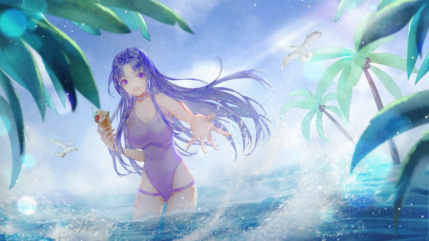 1girl absurdres bird choker food highres ice_cream long_hair ocean palm_tree purple_hair qin_shi_ming_yue seagull smile solo splashing swimsuit teeth tree upper_body water zi_nu_(qin_shi_ming_yue) zi_nu_zhuye_jun