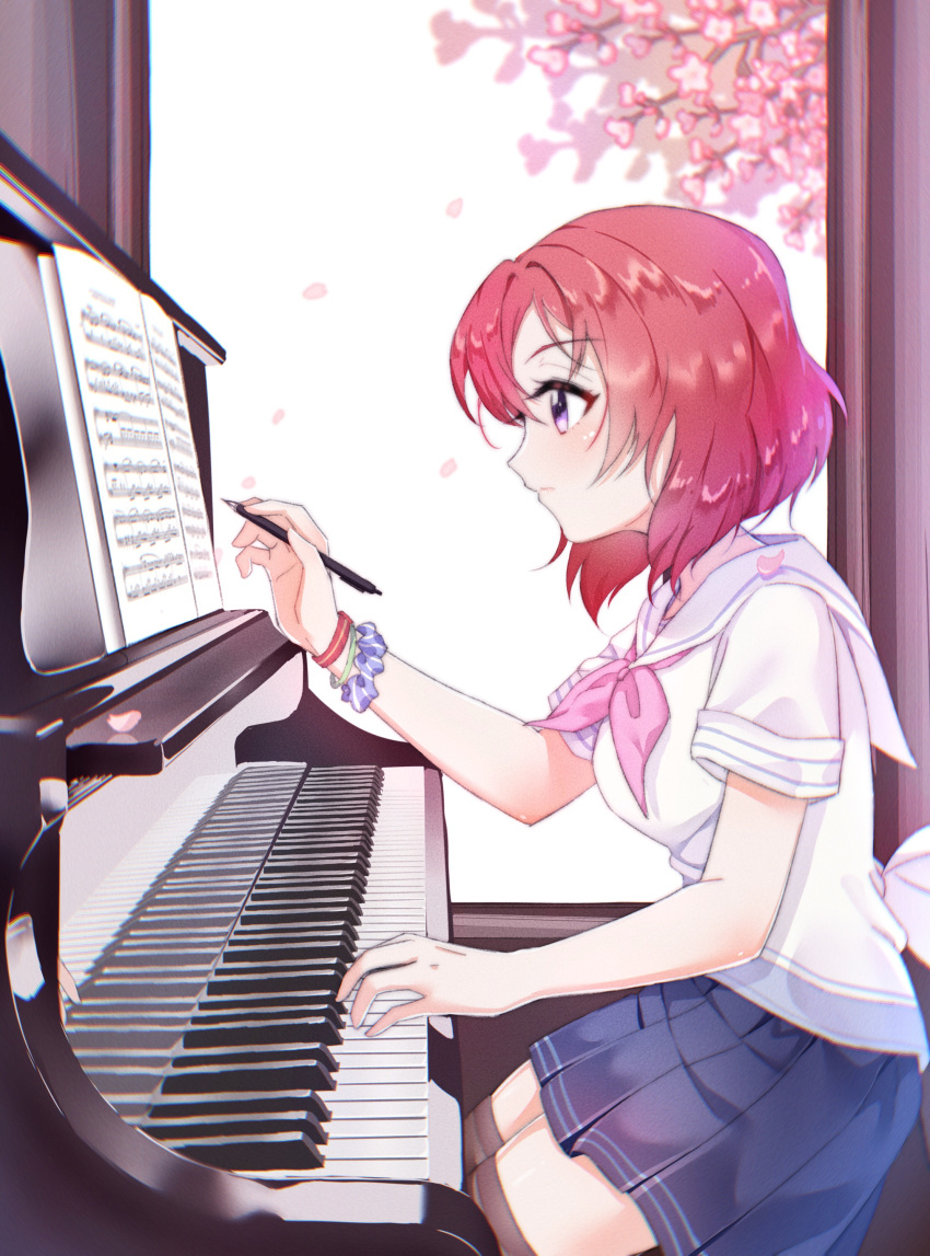 1girl absurdres artist_request bangle bracelet cherry_blossoms highres instrument jewelry love_live! love_live!_school_idol_project nishikino_maki piano redhead school_uniform sheet_music short_hair solo violet_eyes