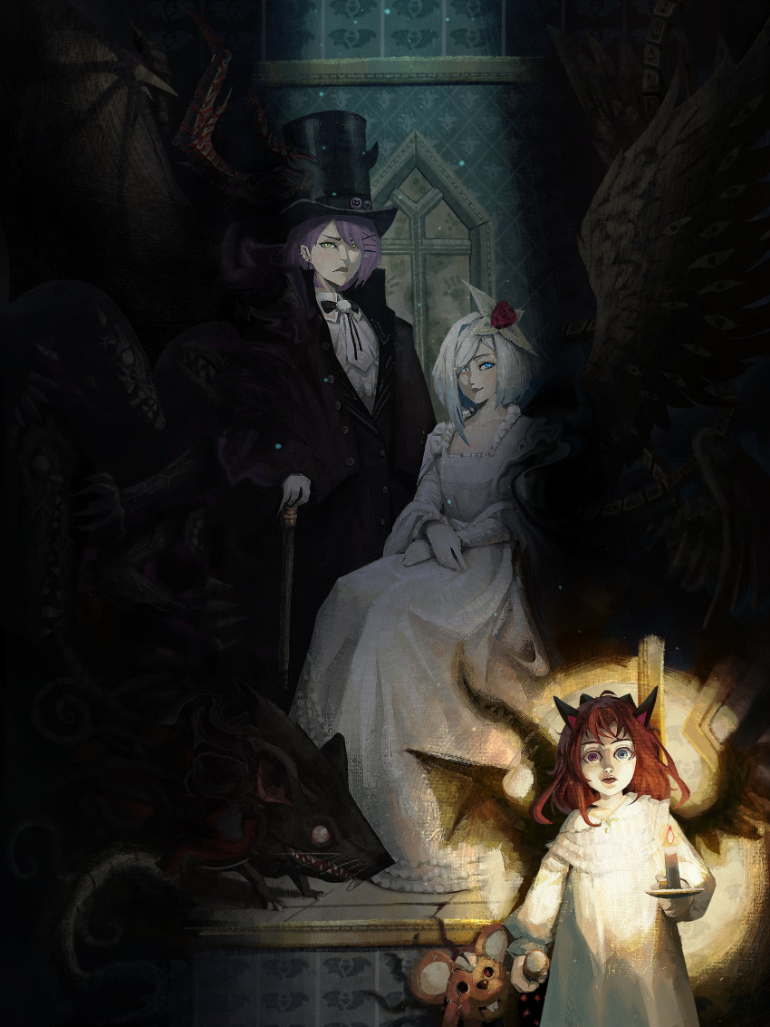 3girls amane_kanata angel_wings blue_eyes candle cane coat demon_wings doll dress family_portrait flower hair_flower hair_ornament hairpin hakos_baelz_(rat) hat heterochromia highres holding holding_doll hololive hololive_english horns irys_(hololive) long_sleeves looking_at_viewer lugiavn94 multiple_girls nightgown purple_hair rat red_eyes redhead serious shadow short_hair smile tokoyami_towa top_hat white_dress white_hair wide-eyed wings yellow_eyes