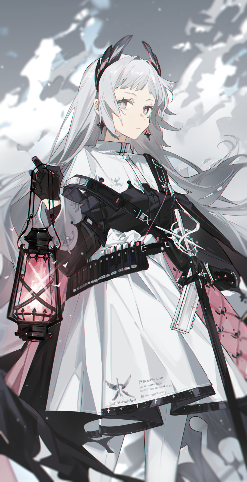 1girl absurdres aqua- arknights belt black_gloves black_jacket capelet closed_mouth cowboy_shot earrings expressionless gloves grey_eyes grey_hair gun head_wings high-waist_skirt highres holding holding_lantern irene_(arknights) jacket jewelry lantern layered_skirt lens_flare long_hair long_sleeves looking_at_viewer pantyhose pink_skirt rapier scar scar_across_eye scar_on_face sheath sheathed skirt solo sword very_long_hair weapon white_capelet white_legwear white_skirt