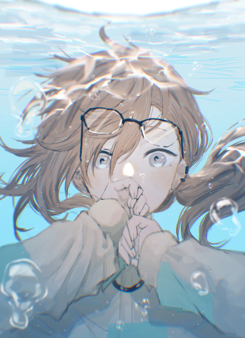 1boy androgynous bangs brown_hair brown_sweater bubble caustics chromatic_aberration commentary earclip glasses grey_eyes hair_between_eyes hand_to_own_mouth hands_up highres kanae_(nijisanji) long_bangs long_sleeves looking_at_viewer male_focus medium_hair mole mole_under_eye nagikiho nijisanji portrait solo straight-on sweater underwater