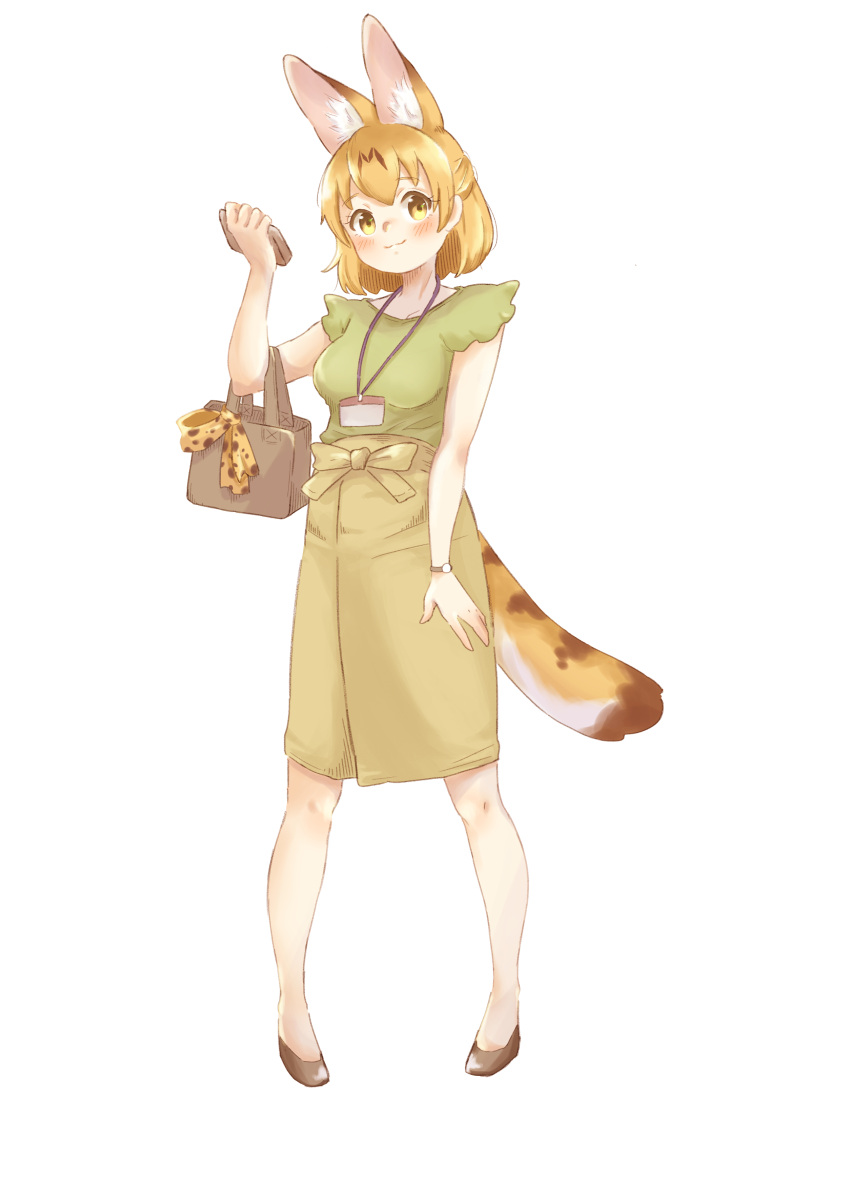 0nanaten 1girl :3 absurdres alternate_costume animal_ears bag black_footwear blonde_hair blush bow brown_hair cat_ears cat_girl cat_tail cellphone commentary_request extra_ears eyebrows_visible_through_hair frilled_sleeves frills green_shirt handbag highres kemono_friends multicolored_hair name_tag office_lady pencil_skirt phone print_bow serval_(kemono_friends) serval_print shirt short_hair short_sleeves skirt skirt_bow smartphone solo tail watch yellow_eyes yellow_skirt
