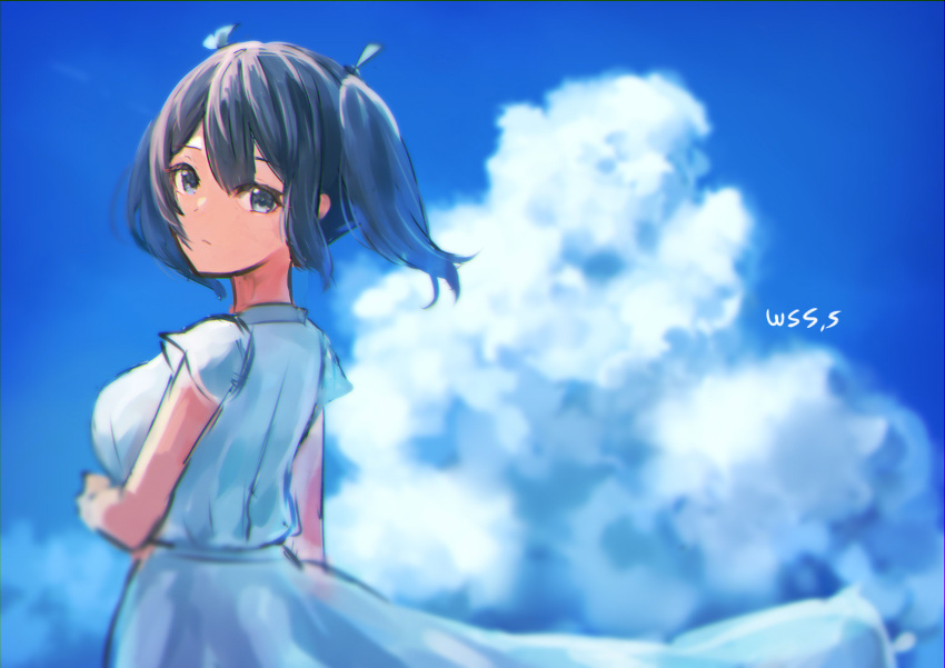 1girl alternate_costume artist_name black_eyes black_hair blue_sky clouds commentary_request dress highres kantai_collection long_hair looking_at_viewer sky solo souryuu_(kancolle) twintails upper_body white_dress wss_(nicoseiga19993411)