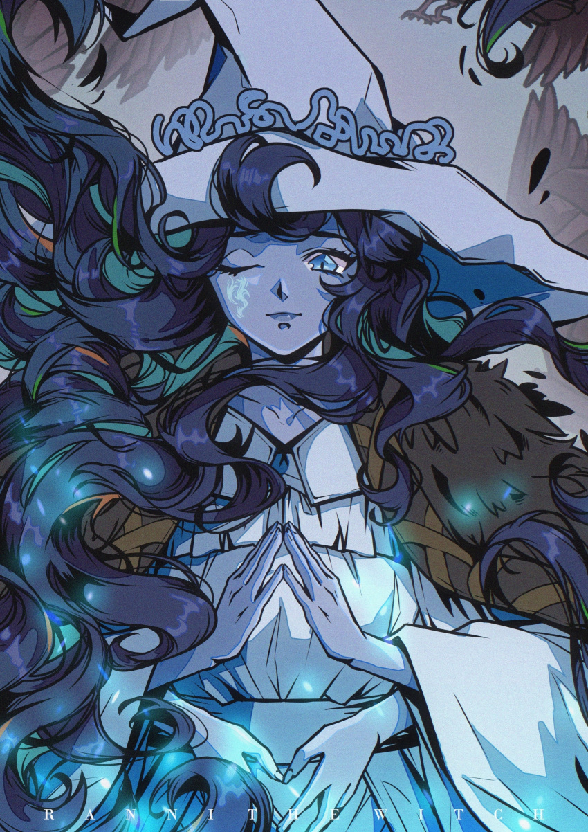 1girl absurdres blue_eyes blue_hair blue_skin character_name cloak collarbone colored_skin elden_ring extra_arms floating_hair fur_cloak hat highres long_hair long_sleeves looking_at_viewer one_eye_closed own_hands_together ranni_the_witch solo steepled_fingers upper_body wavy_hair white_headwear wide_sleeves witch_hat zhi_jiujiu