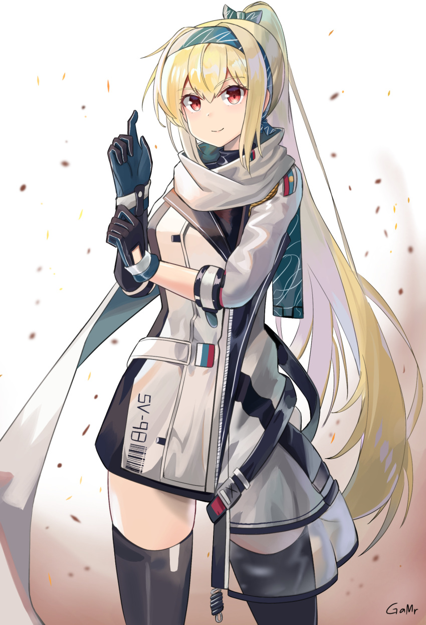 artist_name bangs black_gloves black_legwear blonde_hair boots bow cape character_name english_commentary eyebrows_visible_through_hair gamryous girls_frontline glove_pull gloves green_bow green_hairband green_ribbon hair_bow hair_ribbon hairband high_ponytail highres jacket long_hair mod3_(girls'_frontline) red_eyes ribbon russian_flag sleeves_rolled_up sv-98_(girls'_frontline) thigh-highs white_cape white_jacket
