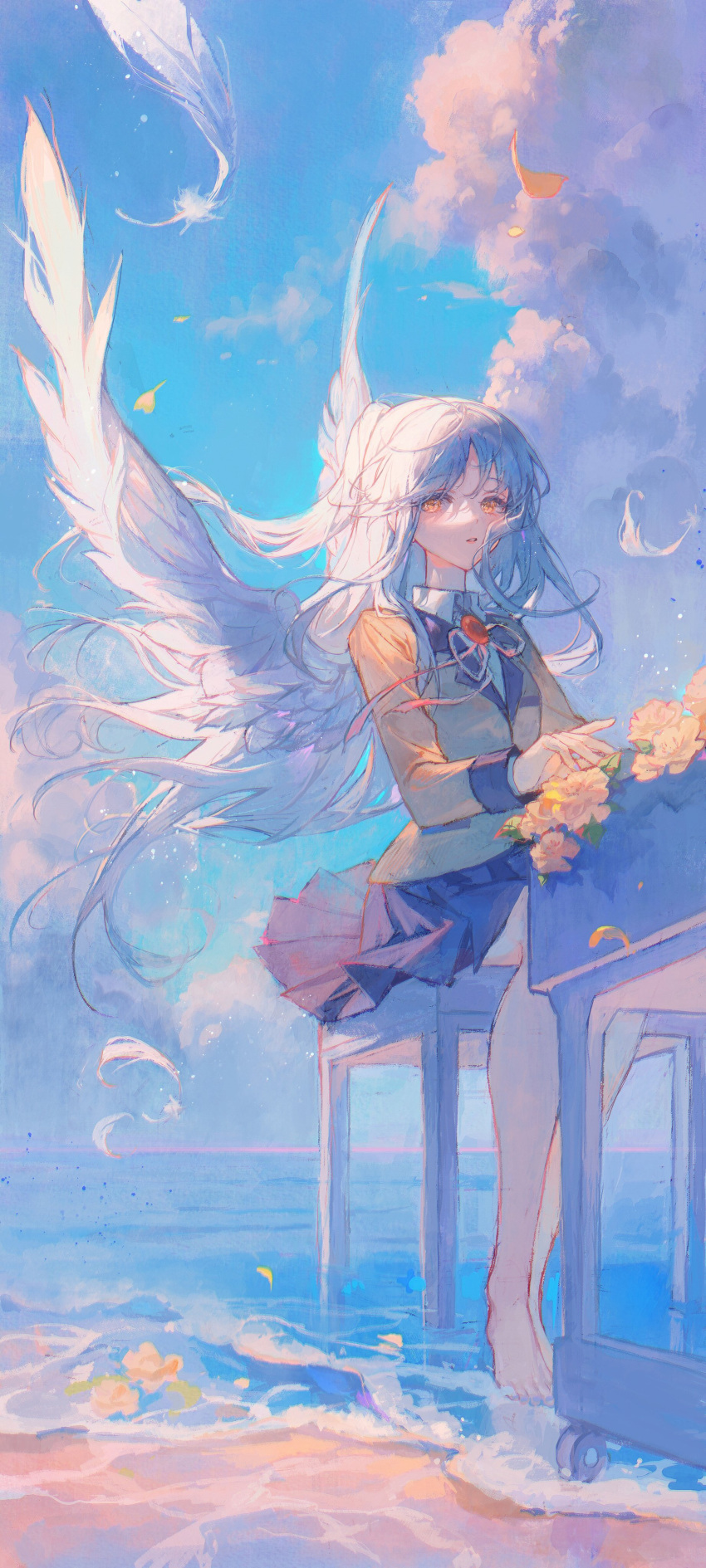 1girl absurdres angel_beats! angel_wings bangs barefoot blue_sky clouds commentary_request day feathered_wings flower highres instrument long_hair looking_at_viewer maccha_(mochancc) multiple_girls ocean outdoors petals piano school_uniform sitting skirt sky smile solo tachibana_kanade very_long_hair water white_hair wings yellow_eyes