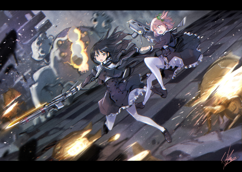 2girls absurdres assault_lily black_dress black_eyes black_footwear black_hair dress falling firing floating_hair grey_eyes gun highres hitotsuyanagi_riri holding holding_gun holding_weapon juliet_sleeves letterboxed long_sleeves mecha multiple_girls pantyhose pink_hair puffy_sleeves sadamatsu_ryuuichi sailor_collar science_fiction shirai_yuyu two_side_up weapon white_legwear