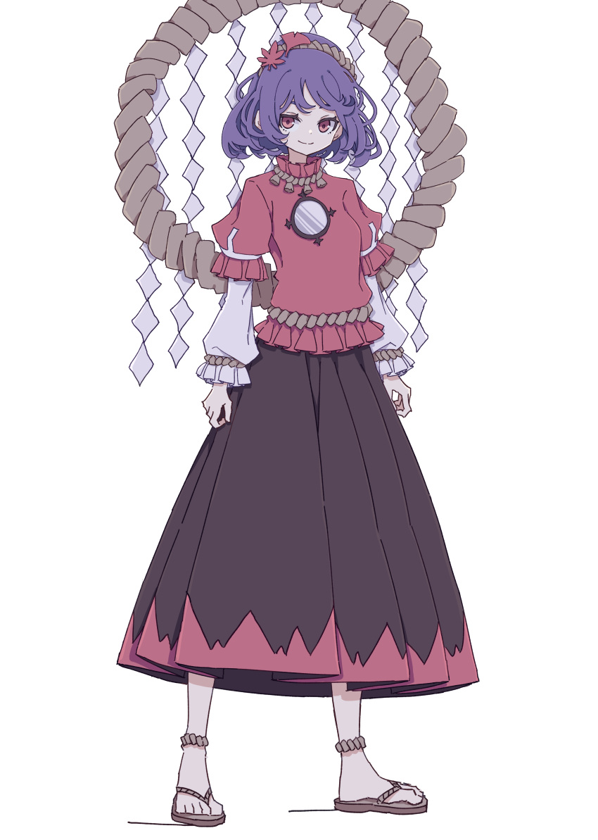 1girl absurdres black_skirt blue_hair closed_mouth full_body hair_ornament highres kame_(kamepan44231) layered_sleeves leaf_hair_ornament long_skirt long_sleeves mirror one-hour_drawing_challenge pleated_skirt red_eyes red_shirt sandals shirt short_hair short_over_long_sleeves short_sleeves skirt smile solo standing touhou white_background yasaka_kanako