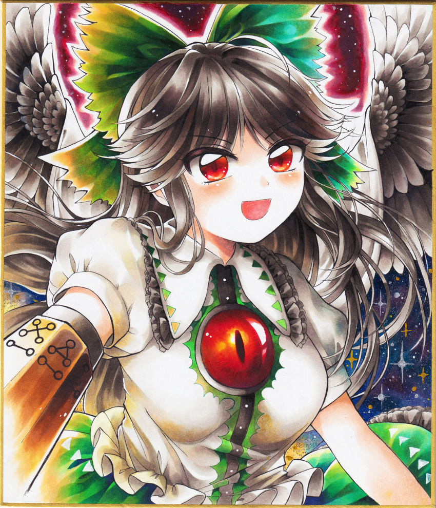 1girl arm_cannon black_wings bow breasts brown_hair cape collared_shirt commentary_request eyebrows_visible_through_hair feathered_wings frilled_shirt frilled_shirt_collar frilled_skirt frills green_bow green_skirt hair_bow highres large_breasts looking_at_viewer maa_(forsythia1729) marker_(medium) open_mouth puffy_short_sleeves puffy_sleeves red_eyes reiuji_utsuho shikishi shirt short_sleeves skirt solo third_eye touhou traditional_media weapon white_cape white_shirt wings