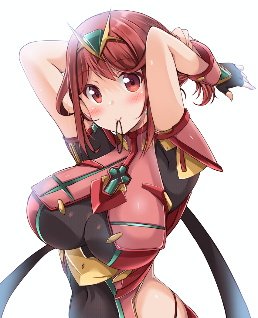1girl bangs black_gloves breasts chest_jewel earrings eyebrows_visible_through_hair fingerless_gloves gem gloves headpiece highres jewelry kurokaze_no_sora large_breasts pyra_(xenoblade) red_eyes redhead short_hair simple_background solo swept_bangs tiara white_background xenoblade_chronicles_(series) xenoblade_chronicles_2
