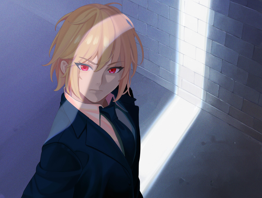 1boy absurdres bangs black_necktie blonde_hair brick_wall eyebrows_visible_through_hair formal from_above highres hunter_x_hunter kurapika light_rays looking_afar looking_to_the_side male_focus necktie quatthro red_eyes serious short_hair solo suit sunbeam sunlight upper_body wing_collar