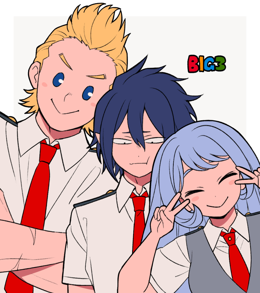 1girl 2boys amajiki_tamaki bangs blonde_hair blue_eyes blue_hair blush boku_no_hero_academia breasts closed_eyes collared_shirt commentary crossed_arms double_v grey_background hadou_nejire hair_between_eyes highres long_hair looking_at_viewer looking_down multiple_boys necktie nns146 red_necktie school_uniform shirt short_hair short_sleeves simple_background smile togata_mirio u.a._school_uniform v