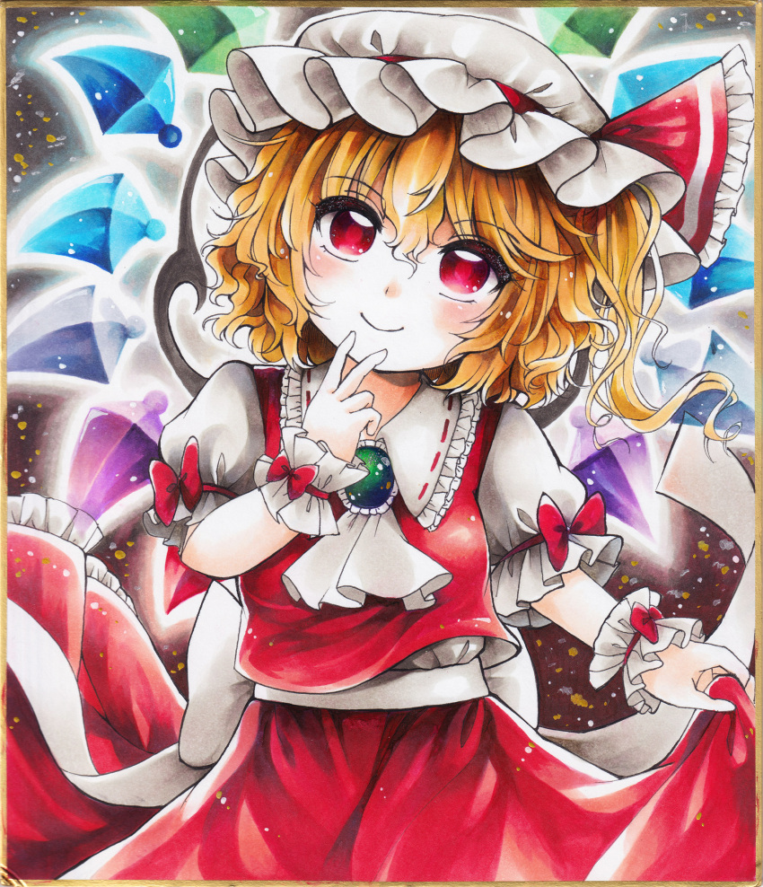 1girl ascot back_bow blonde_hair bow brooch closed_mouth collared_shirt commentary_request eyebrows_visible_through_hair flandre_scarlet frilled_shirt_collar frilled_skirt frilled_sleeves frills green_brooch hair_between_eyes hat hat_ribbon head_tilt highres jewelry looking_at_viewer maa_(forsythia1729) marker_(medium) medium_hair mob_cap multicolored_wings puffy_short_sleeves puffy_sleeves red_eyes red_ribbon red_skirt red_vest ribbon shikishi shirt short_sleeves side_ponytail skirt skirt_hold skirt_set smile solo touhou traditional_media vest white_ascot white_bow white_headwear white_shirt wings wrist_cuffs