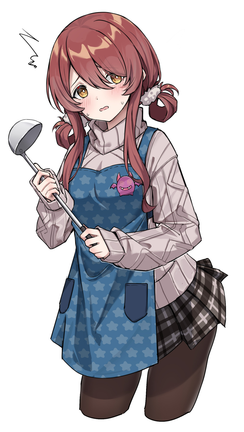 1girl absurdres apron black_legwear black_skirt blush breasts brown_hair brown_sweater cowboy_shot debi_tarou double_bun embarrassed hair_between_eyes hair_over_breasts hair_over_one_eye hair_rings highres holding holding_ladle idolmaster idolmaster_shiny_colors ladle looking_at_viewer medium_breasts nervous open_mouth osaki_tenka pantyhose plaid plaid_skirt pleated_skirt simple_background skirt solo sweater tamago_(eva1314056) turtleneck twintails wavy_mouth white_background yellow_eyes