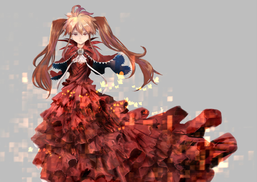 1girl absurdres alice_(buster_dress) arms_behind_back ascot bug buster_dress butterfly capelet dress floating_clothes grey_background highres long_hair official_art orange_hair red_capelet red_dress red_eyes sadamatsu_ryuuichi smile solo twintails white_ascot