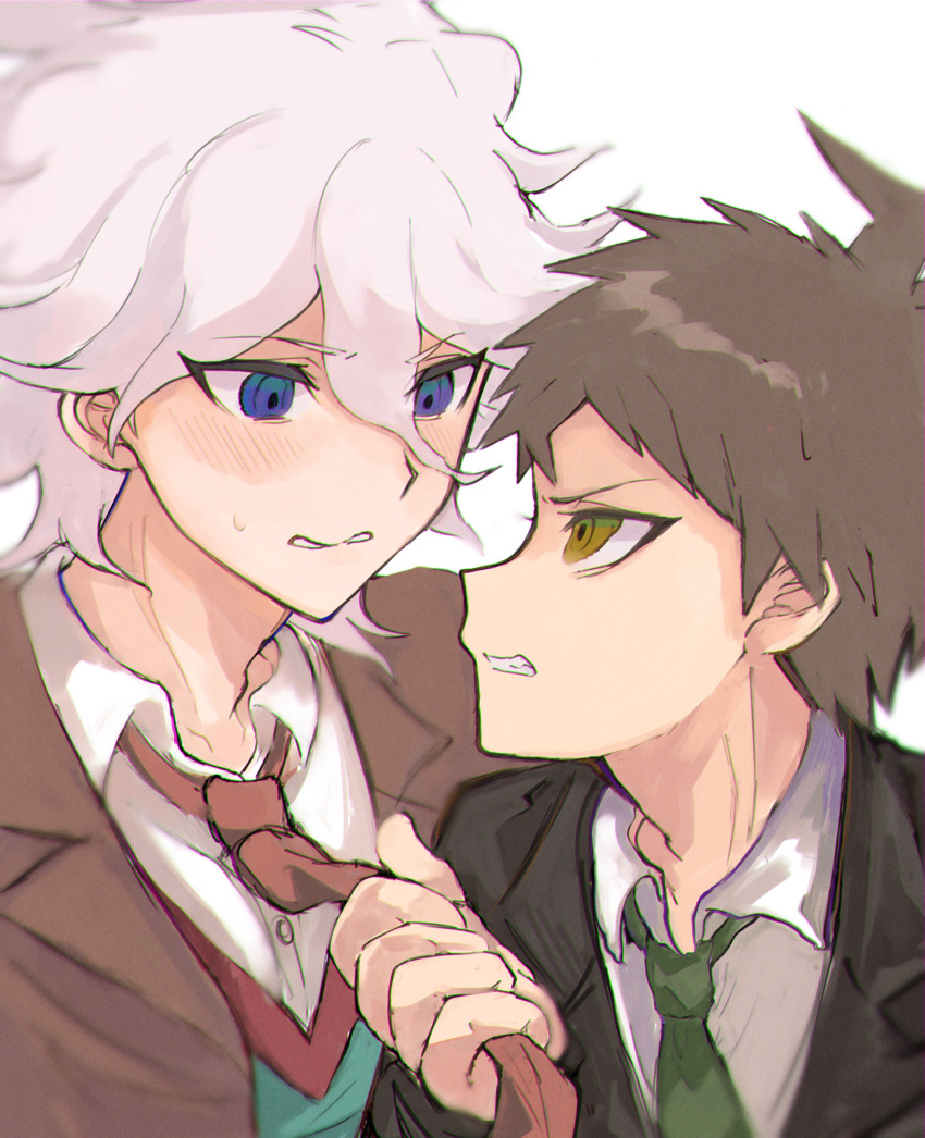 2boys 8kai_(8_floor3) absurdres ahoge bangs black_jacket brown_hair brown_jacket clenched_teeth collared_shirt danganronpa_(series) danganronpa_3_(anime) dress_shirt eye_contact green_necktie green_vest grey_hair grey_shirt hair_between_eyes highres hinata_hajime jacket komaeda_nagito looking_at_another messy_hair multiple_boys necktie necktie_grab neckwear_grab open_clothes open_jacket orange_eyes profile red_vest shiny shiny_hair shirt short_hair teeth vest