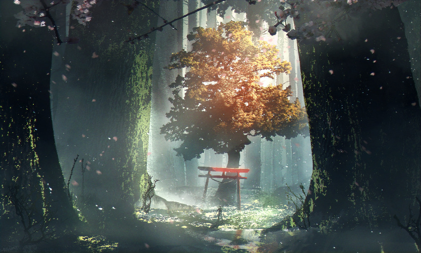 1other commentary_request dappled_sunlight day facing_away falling_petals fantasy fen_fen_fen_fen forest light_particles light_rays moss nature original partial_commentary petals scenery solo standing sunbeam sunlight torii tree wide_shot