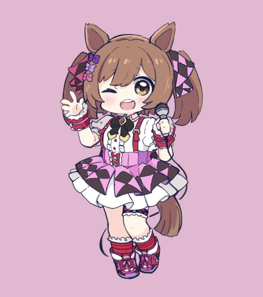 1girl :d ;d animal_ears black_bow blush bow brown_eyes brown_hair center_frills chibi collared_shirt cropped_torso ear_bow frilled_legwear frills gloves hair_bow hands_up highres holding holding_microphone horse_ears horse_girl horse_tail jacket long_hair long_sleeves looking_at_viewer microphone multiple_girls nozo_(hitomiz) one_eye_closed pink_background pink_bow pink_skirt pleated_skirt puffy_short_sleeves puffy_sleeves purple_bow purple_footwear red_bow red_legwear shirt shoes short_sleeves simple_background skirt sleeveless sleeveless_shirt sleeves_past_wrists smart_falcon_(umamusume) smile socks solid_oval_eyes solo striped striped_legwear suspender_skirt suspenders tail teeth twintails umamusume upper_body upper_teeth white_shirt wrist_cuffs