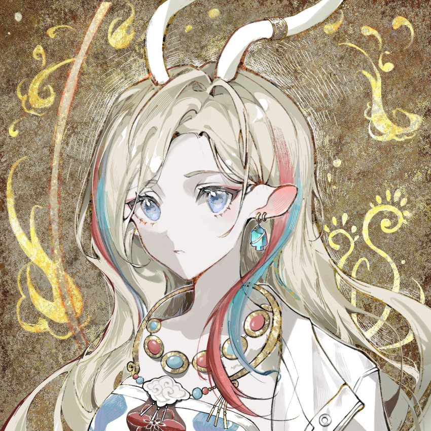 1girl animal_ears antler_ornament antlers arknights blonde_hair blue_eyes blush coat commentary deer_ears dress earrings expressionless highres jewelry long_hair looking_at_viewer necklace nine-colored_deer parted_lips portrait print_dress solo surin_(65889544) white_coat white_dress