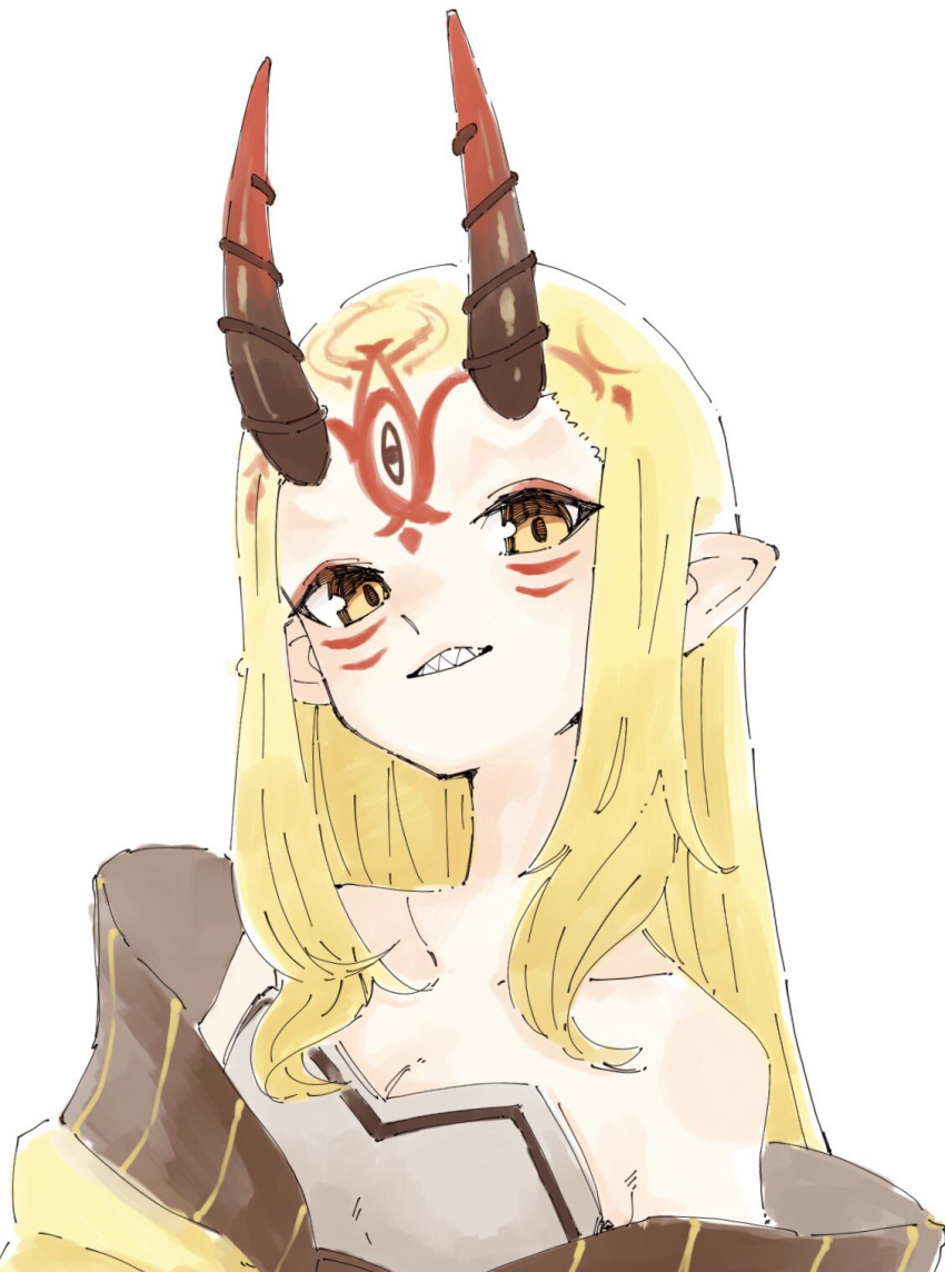 1girl bare_shoulders blonde_hair breasts facial_mark fate/grand_order fate_(series) forehead_mark gradient_horns grin highres horns ibaraki_douji_(fate) japanese_clothes kimono long_hair looking_at_viewer multicolored_horns off_shoulder oni oni_horns pointy_ears sharp_teeth simple_background sketch small_breasts smile solo tattoo teeth tenoo12 white_background yellow_eyes