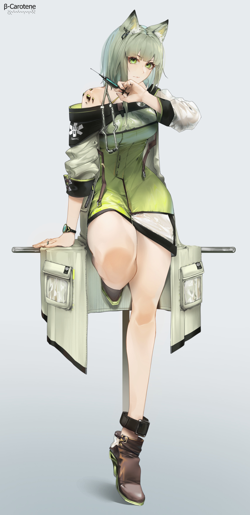 1girl absurdres animal_ear_fluff animal_ears arknights arm_support bangs bare_legs bare_shoulders black_footwear breasts cat_ears commentary dress green_dress green_eyes green_hair grey_background high_heels highres holding holding_syringe kal'tsit_(arknights) long_sleeves looking_at_viewer lufi_ays medium_breasts off_shoulder pencil_dress short_dress short_hair simple_background sitting solo syringe thighs watch watch