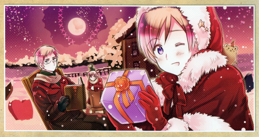 3boys axis_powers_hetalia bird book cabin fence finland_(hetalia) gift glasses hamster hat highres himaruya_hidekazu holding holding_book holding_gift iceland_(hetalia) moon multiple_boys night night_sky one_eye_closed puffin santa_costume santa_hat sky snow sweden_(hetalia) trench_coat winter