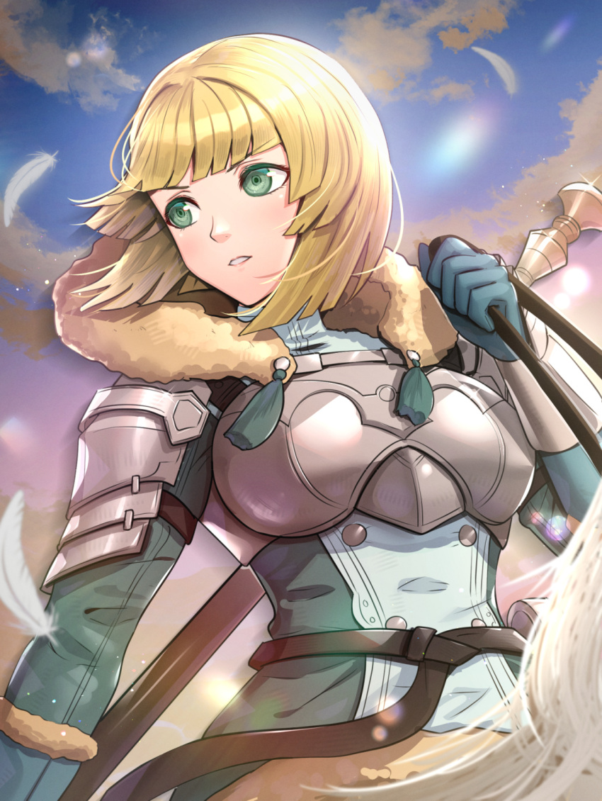 1girl armor bangs blonde_hair blue_gloves blunt_bangs blush bob_cut breastplate clouds commentary dress eyebrows_visible_through_hair feathers fire_emblem fire_emblem:_three_houses fire_emblem_warriors:_three_hopes fur_trim gloves gonzarez green_dress green_eyes hand_up highres ingrid_brandl_galatea long_sleeves official_alternate_costume official_alternate_hairstyle outdoors parted_lips short_hair shoulder_armor solo upper_body v-shaped_eyebrows