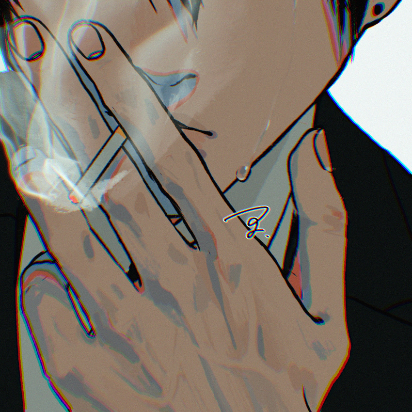 1boy bangs between_fingers black_jacket chainsaw_man cigarette collared_shirt crying ear_piercing formal glitch hair_between_eyes hayakawa_aki head_out_of_frame highres holding holding_cigarette jacket piercing shirt simple_background smoke smoking solo suit suit_jacket teardrop tears ufufuahaha_okg white_background white_shirt