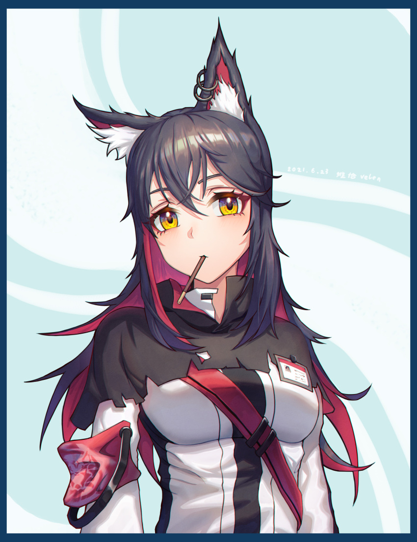 1girl absurdres animal_ears arknights bangs black_border black_hair border closed_mouth food food_in_mouth highres jacket long_hair long_sleeves looking_at_viewer pocky solo texas_(arknights) white_jacket wolf_ears wolf_girl yellow_eyes zelun_jia