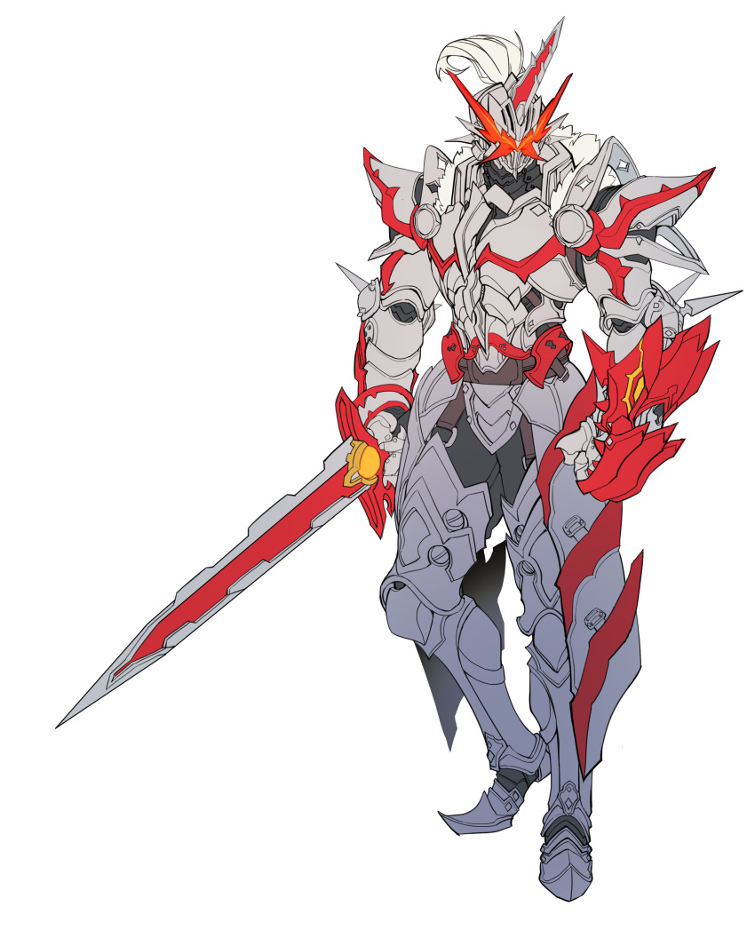 1boy absurdres armor belt breastplate catball1994 clawed_gauntlets clenched_hand clenched_hands dragon elbow_spikes fake_horns fantasy faulds fur_trim gauntlets gorget greaves helmet highres holding holding_sword holding_weapon horned_helmet horns kaenken_rekka kamen_rider kamen_rider_saber kamen_rider_saber_(series) kamen_rider_saber_draconic_knight knight looking_to_the_side male_focus pauldrons plume red_eyes redesign sabaton shoulder_armor shoulder_spikes single_gauntlet single_horn solo spiked_armor spiked_gauntlets spiked_helmet spikes standing sword tokusatsu vambraces visor visor_(armor) weapon white_armor white_background white_fur