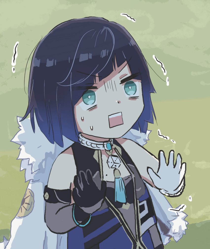 1girl aqua_eyes asymmetrical_gloves bangs bare_shoulders black_gloves black_hair blue_hair blunt_bangs breasts coat coat_on_shoulders diagonal_bangs fur_collar genshin_impact gloves gradient_hair hands_up highres mole mole_on_breast multicolored_hair short_hair solo trembling two-tone_hair v-shaped_eyebrows white_coat white_gloves xinzoruo yelan_(genshin_impact)