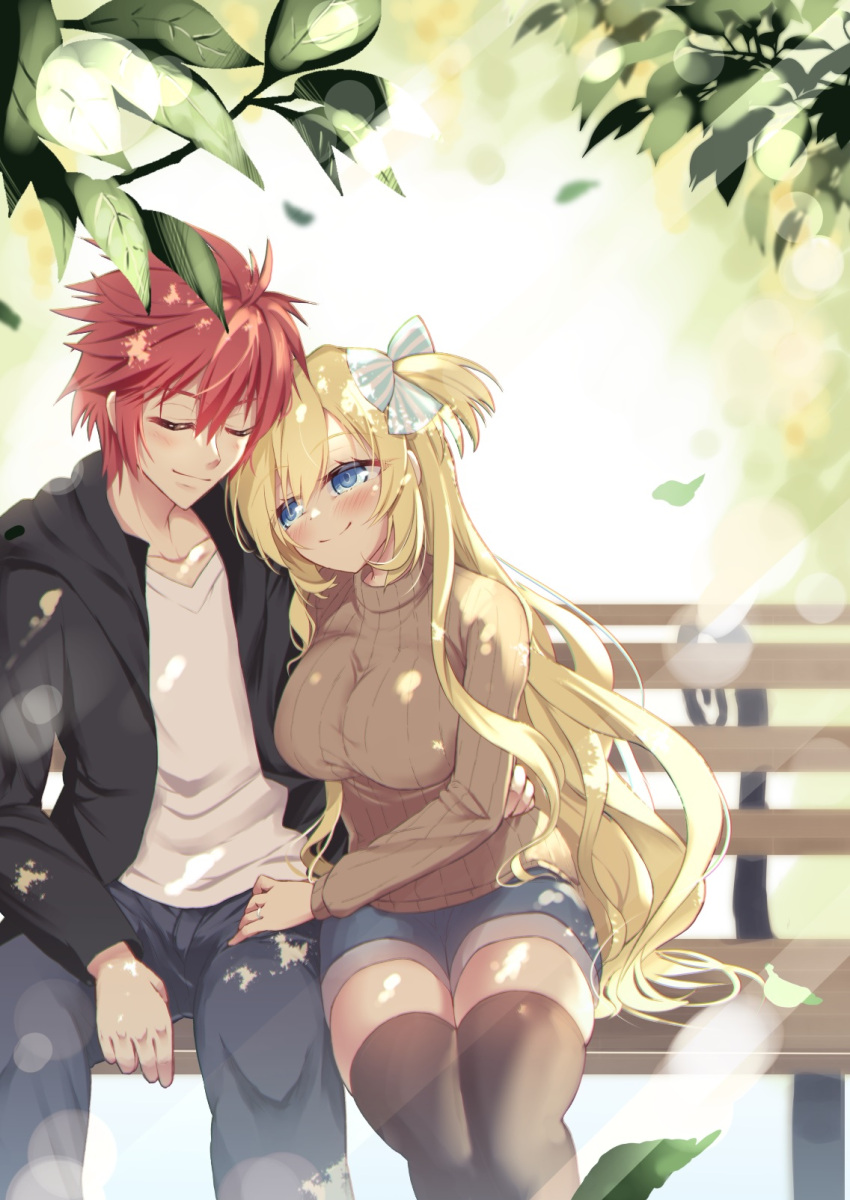 1boy 1girl bangs bench black_hoodie black_legwear blonde_hair blue_eyes blue_shorts blush bow breasts brown_sweater closed_eyes collarbone denim hair_bow hand_on_another's_hip highres hood hoodie jeans large_breasts leaning_on_person leaning_to_the_side lens_flare looking_up mikage_(shibi) muvluv muvluv_alternative pants redhead ribbed_sweater schwarzesmarken shirt shorts sitting skindentation smile striped striped_bow sweater theodor_edelbach thigh-highs two_side_up white_shirt